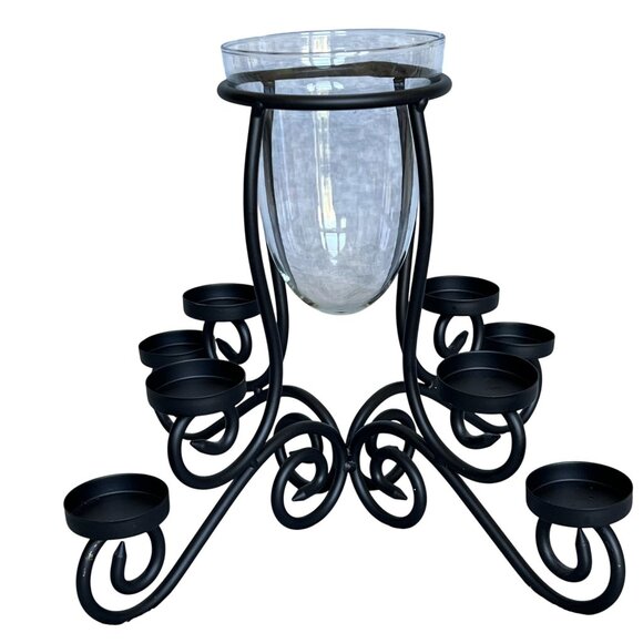 Wrought lron Holiday Centerpiece Fireplace Stand 1 Center Glass 8 Candle Slots - Picture 4 of 10